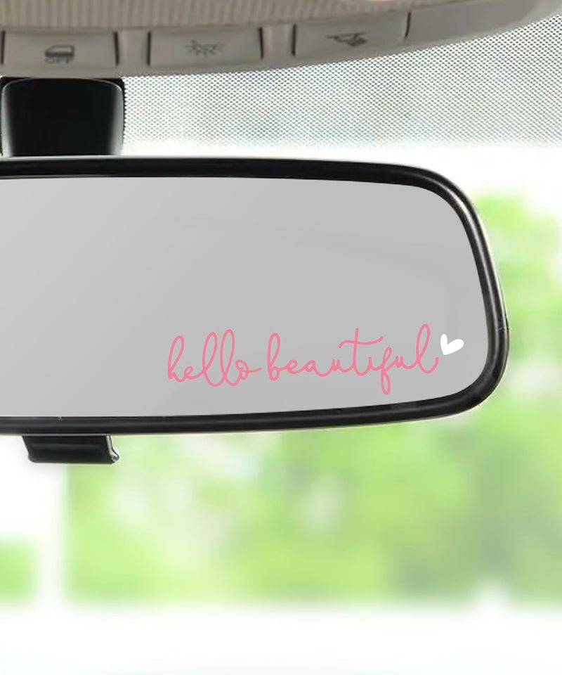 RACOONA Rearview Mirror Decal,Hello Beautiful Decal,Car Accessories Stickers Rearview Mirror Sticker (Pink&White) - Image 1